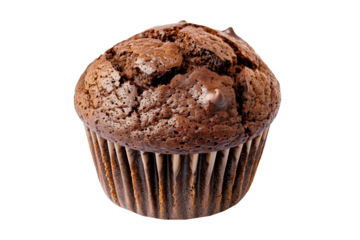 A freshly baked and fluffy chocolate muffin or cupcake isolated on white transparent background, beautifully topped with delightful sweet choco flakes