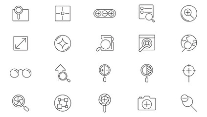 Zoom line icon collection. Search, out, in, search magnifiers, screen, fullscreen, page, video, minimize and maximize icon set. UI outline icons pack