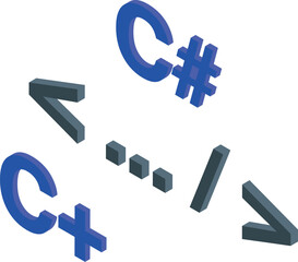 3d render illustration of c sharp, c plus plus and other programming language signs floating in digital space