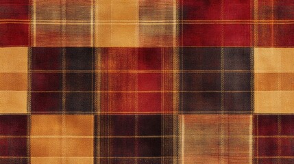 A classic plaid pattern in rich autumn colors, featuring deep reds, burnt oranges, and golds, perfect for a cozy, rustic look
