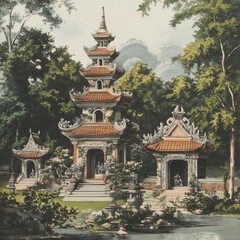 Obraz premium Vietnam Traditional Pagoda Complex by Tranquil Pond 