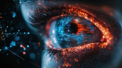 Eye of person working with digital data, abstract network information background, banner with cyber security theme. Concept of ai, technology, spy, hacker, hack, art