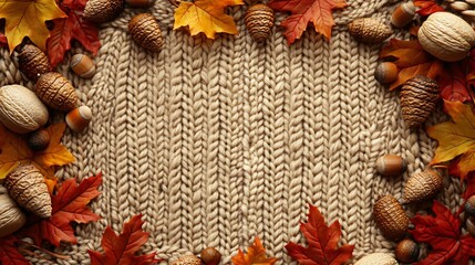 A cozy, knitted frame with a texture resembling a warm sweater, interwoven with autumn leaves and acorns, ideal for a homely, inviting feel