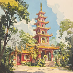 Obraz premium Vietnam Elegant Pagoda Surrounded by Greenery in Sunlight 
