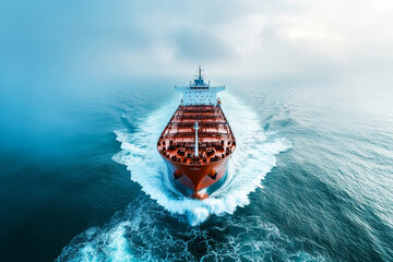 Aerial drone ultra wide photo of small oil - chemical tanker cruising