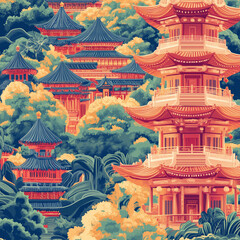 Obraz premium Scenic Illustration of Multiple Asian Pagodas in Forested Landscape 