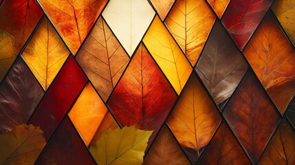 A geometric frame made from overlapping triangular sections of different autumn leaves, each piece slightly translucent, creating a stained glass effect