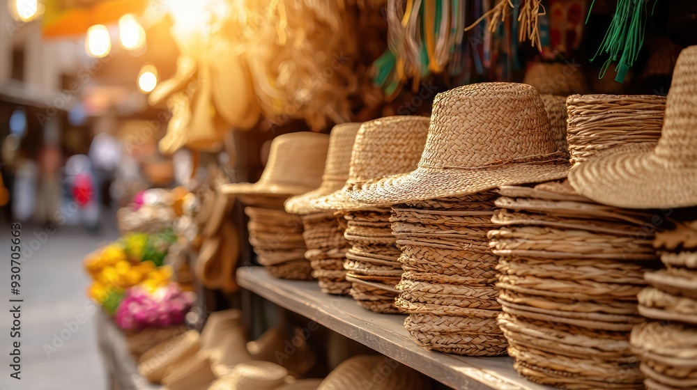 Wall mural A store with a lot of hats on display. The hats are made of straw and are arranged on shelves