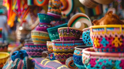 Fototapeta premium Colorful woven baskets for sale in a south american market