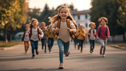 Enthusiastic Group of Children Running Towards School with Excitement for Back to School 