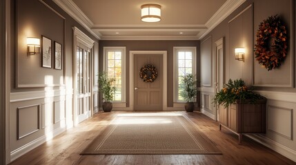 A large, empty hallway with a wreath on the door. The wreath is orange and brown, and it is placed on a wooden door. The hallway is bare and empty, with no furniture or decorations