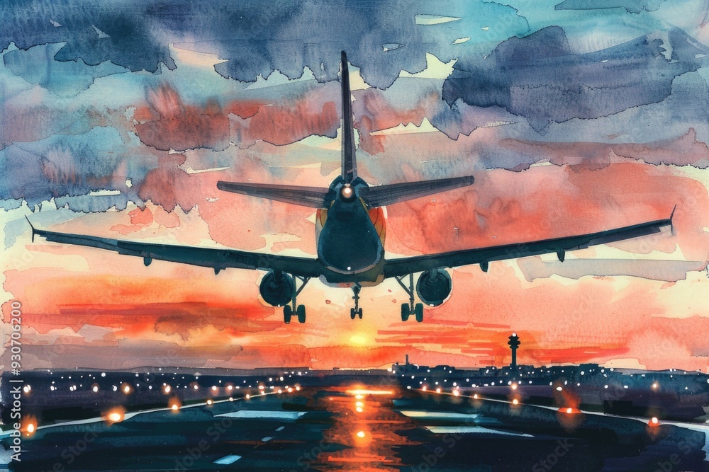 Wall mural Aircraft departing from runway, illustration of flight and travel