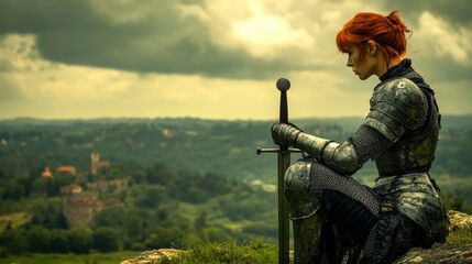 Back view of a red-haired female knight in armor standing in a lush green landscape, symbolizing resilience and readiness.