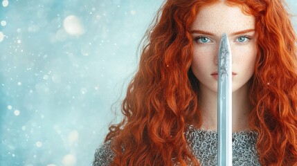 Close-up of a determined redhead woman with freckles, holding a sword upright, exuding strength and intensity in a modern setting.