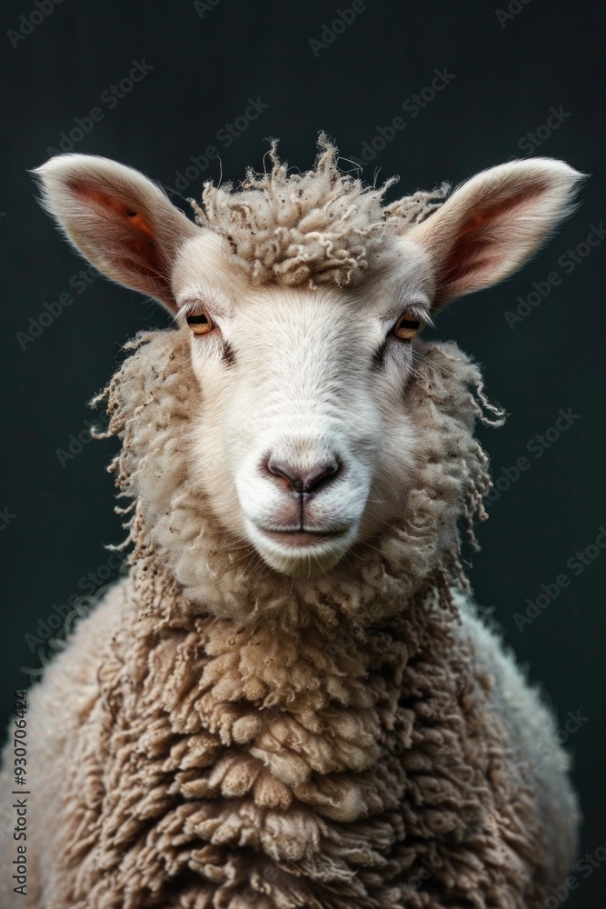 Poster a detailed view of a sheep's face and body on a dark background