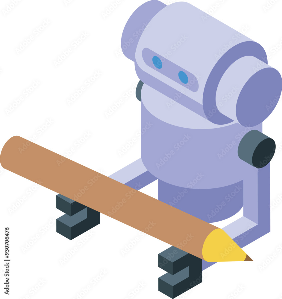 Poster modern robot is using a big pencil, showing the future of content creation and artificial intelligen