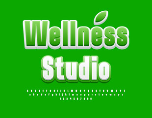 Vector modern banner Wellness Studio, Elegant White and Green Font. Set of artistic Alphabet Letters and Numbers.