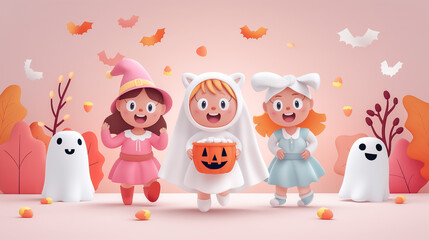 Naklejka premium Children in costumes joyfully celebrate Halloween, collecting treats amid falling leaves and playful ghosts in a vibrant autumn setting