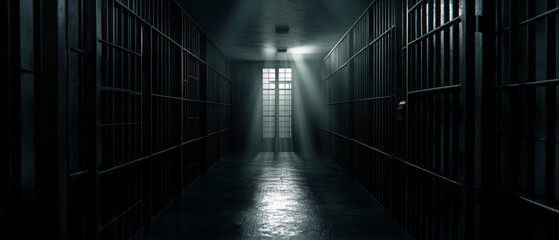 A long, narrow, dimly lit prison corridor with barred cells on either side. A single window at the end of the corridor casts a beam of light into the darkness. A dark, atmospheric generative AI image