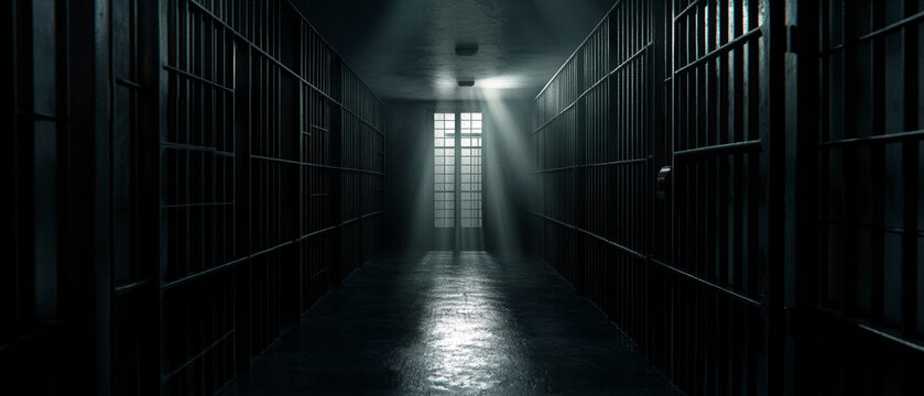 A long, narrow, dimly lit prison corridor with barred cells on either side. A single window at the end of the corridor casts a beam of light into the darkness. A dark, atmospheric generative AI image