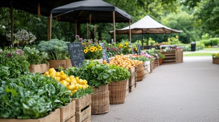 A market with a variety of fruits and vegetables for sale. The produce is displayed in baskets and crates, and there are signs indicating the prices. The atmosphere is lively and inviting