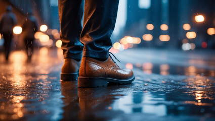 Obraz premium Close-up of men's shoes on wet city asphalt.