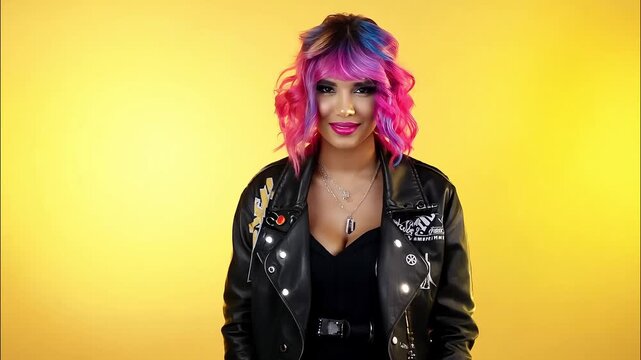 A young woman with vibrant colored hair and a confident smile stands against a bright yellow background, wearing a leather jacket with patches, showcasing a punk style.

