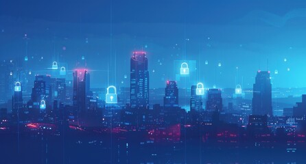 A city skyline at night with digital padlock icons floating above it, symbolizing the idea of security in modern urban life Generative AI