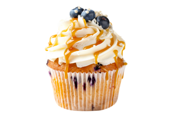Blueberry cupcake or muffin topped with rich creamy frosting and fresh blueberries isolated on white transparent background