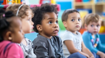 Engaged kindergarten classroom scene of diverse preschool kids sitting and learning attentively together, education concept