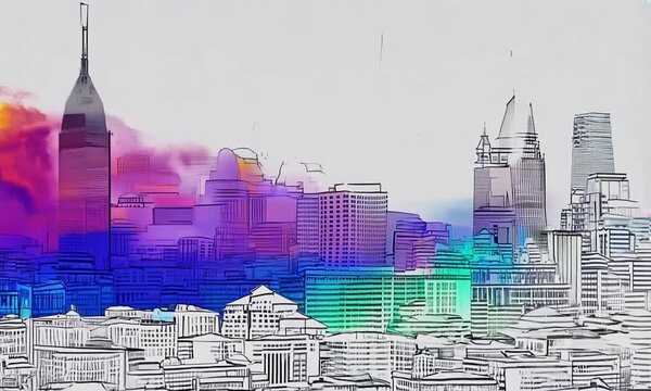 Cityscape Sketch with Vibrant Colors