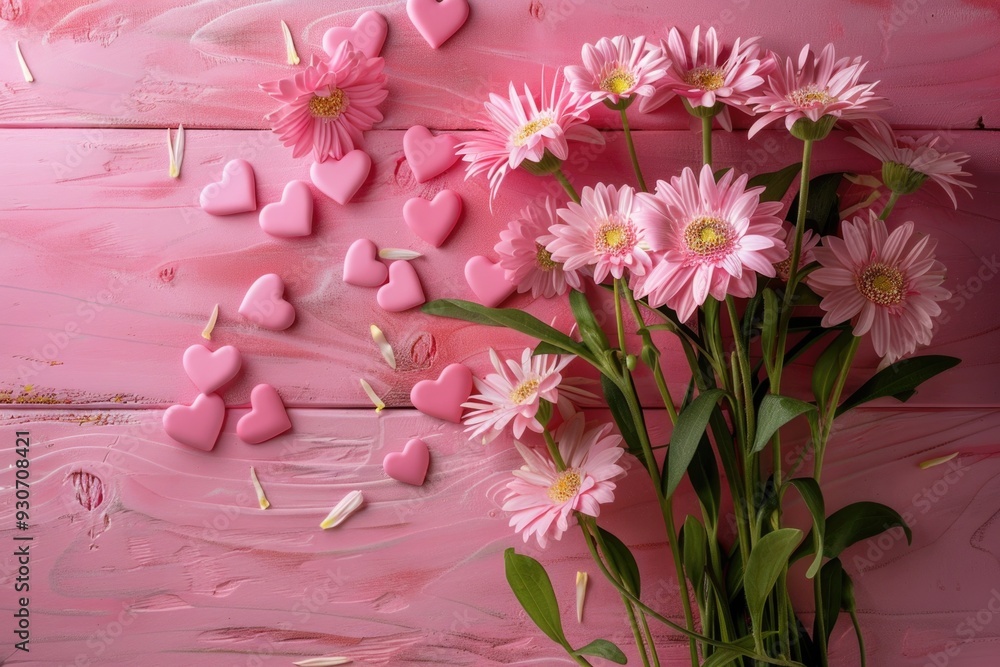 Poster A romantic arrangement of pink flowers with hearts on a bright pink background, perfect for Valentine's Day or wedding decorations