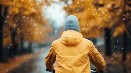 A cyclist dressed in a yellow jacket and grey beanie rides through a stunning golden autumn path as gentle snowflakes start to fall, blending seasons beautifully.