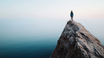 A lone person stands atop a rocky peak, gazing out at the vast ocean below, evoking a sense of adventure, accomplishment, and the immensity of nature.