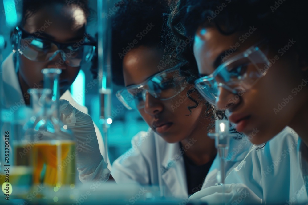 Poster A group of scientists and researchers collaborating in a modern laboratory setting, with various equipment and experiments in progress