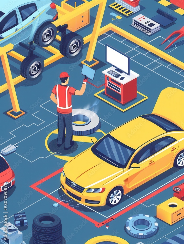 Poster a mechanic performs a computer diagnosis on a car while working on engine repairs in a modern automo