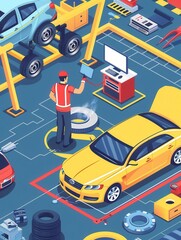 Naklejka premium A mechanic performs a computer diagnosis on a car while working on engine repairs in a modern automotive workshop. Generative AI