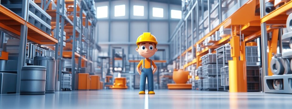 3D Cartoon Fabric Specialist in a Metal Factory Metal Shape Workshop with a Cartoon Worker Animated Character in a Metal Supply Warehouse