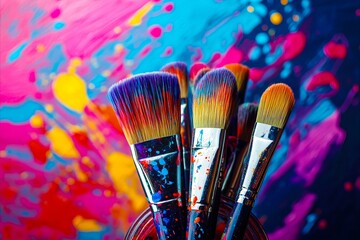A bunch of paint brushes sitting in a glass jar