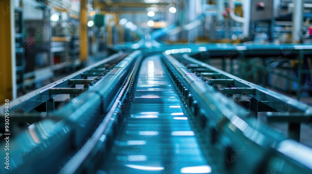 Poster a busy conveyor belt in a factory filled with various machines and equipment, perfect for depicting 