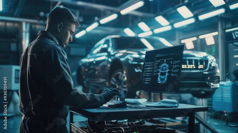 Leinwandbilder a mechanic is using a computer to diagnose issues and repair the engine of a car inside a well-equip