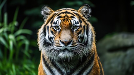 Fototapeta premium Close-up of a beautiful tiger, showcasing its striking fur patterns and intense gaze. The detailed shot highlights the tiger’s majestic and powerful presence