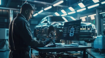 A mechanic is using a computer to diagnose issues and repair the engine of a car inside a well-equipped auto repair shop. Generative AI