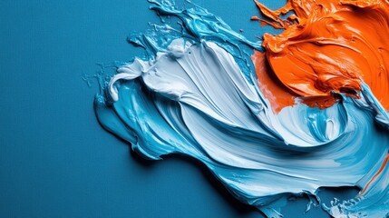 Abstract composition featuring thick, flowing swirls of blue, white, and orange paint on a textured canvas—conveying movement, energy, and dynamic contrast.