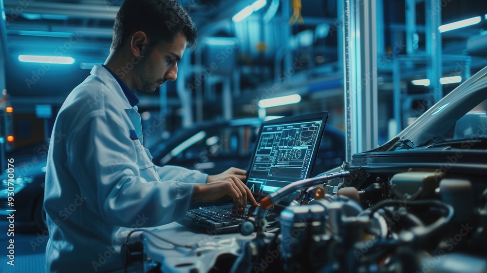 Leinwandbilder a mechanic uses a laptop to conduct a diagnostic on a car while working on engine repairs in a moder