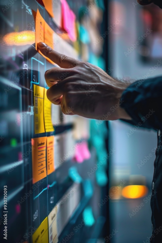 Poster Person using sticky notes to organize and prioritize tasks