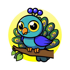 Cartoon of a cute and attractive peacock resting on a branch