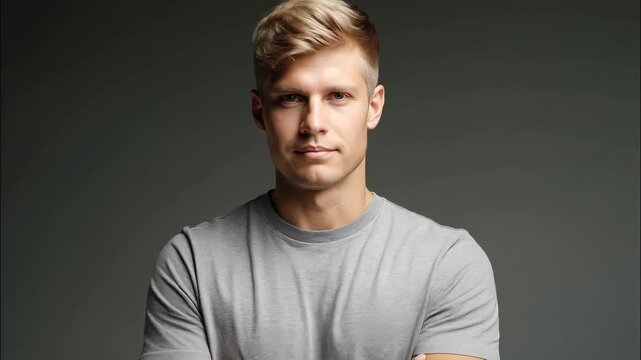 A young man with short blonde hair and a clean-shaven face, wearing a grey T-shirt, stands with his arms crossed in a relaxed yet assertive posture under direct lighting.

