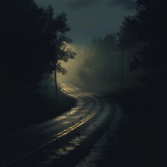 Fototapeta premium Misty Road at Night with Reflective Surface 