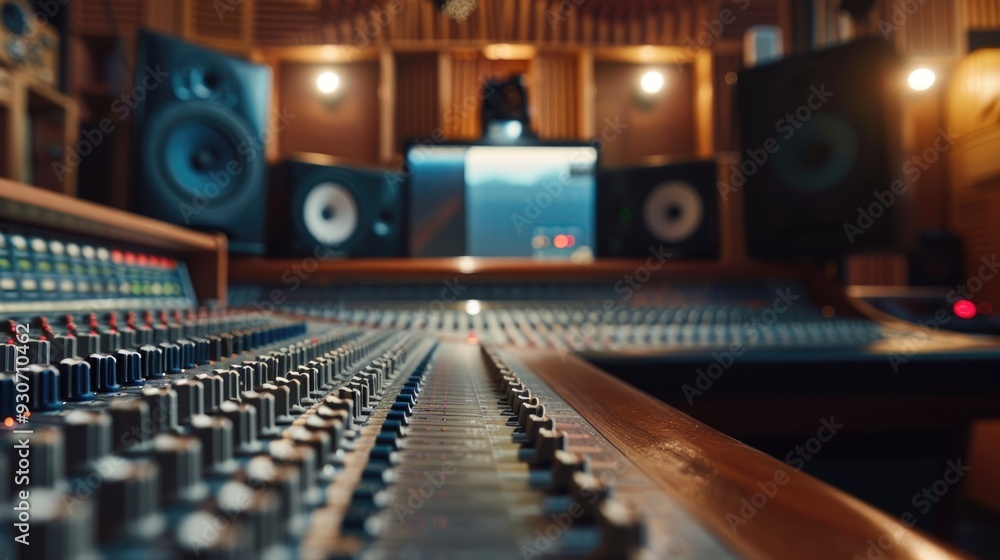 Poster a sound board in a recording studio filled with various sound equipment